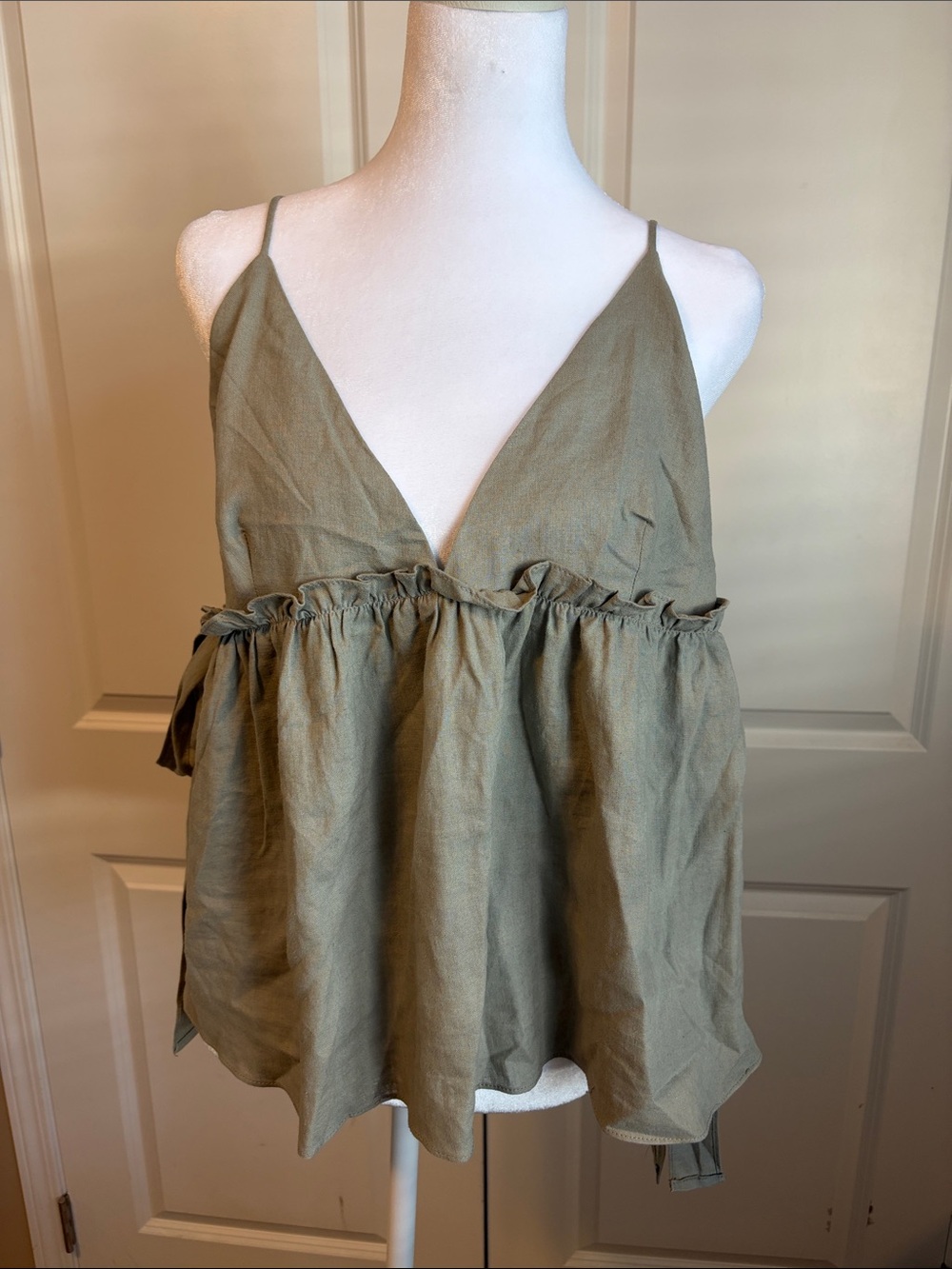 Zara Olive V-Neck Ruffled Waist Spaghetti Strap Camisole